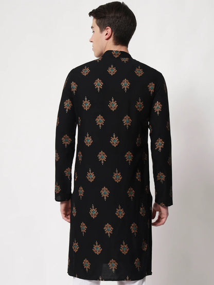 Black Printed Wedding Wear Men's Kurta