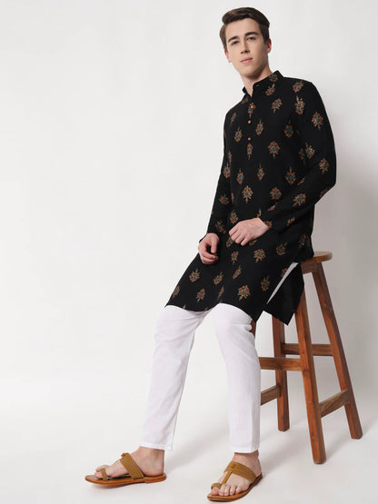 Black Printed Wedding Wear Men's Kurta