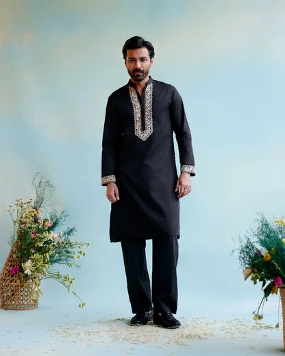 Men Black Muslin Mandarin Collar Regular Fit Kurta