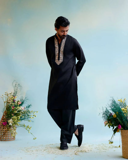 Men Black Muslin Mandarin Collar Regular Fit Kurta