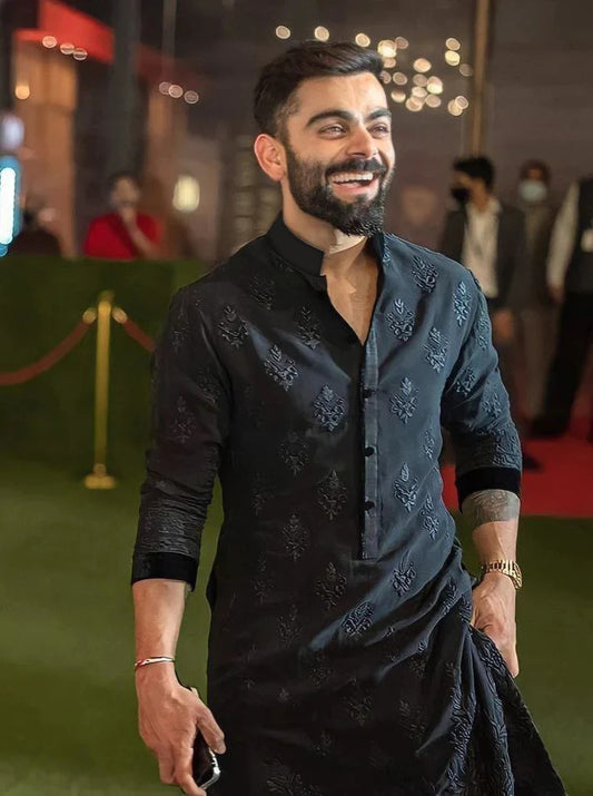 Fashionable Embroidered Black Kurta - Virat Kohli's