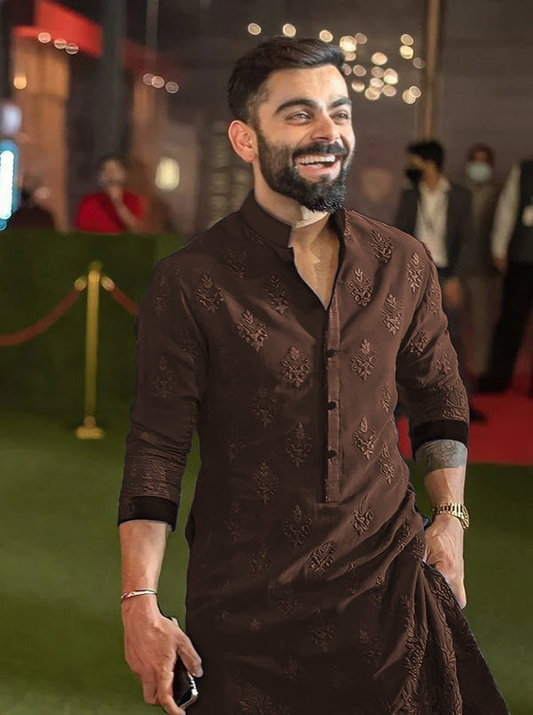 Fashionable Embroidered Brown Kurta