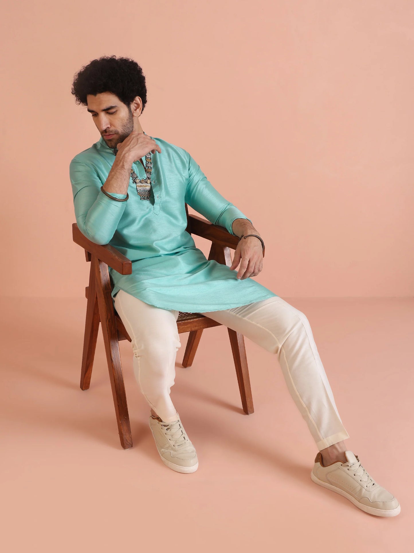 Men Green Plain Kurta