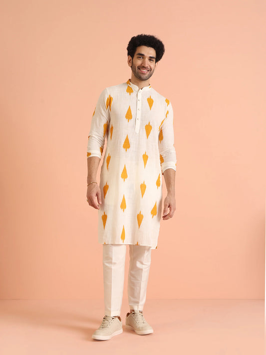 Men Yellow White Printed Haldi Kurta