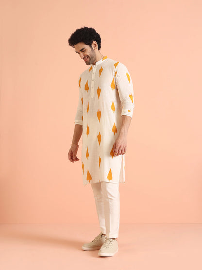 Men Yellow White Printed Haldi Kurta