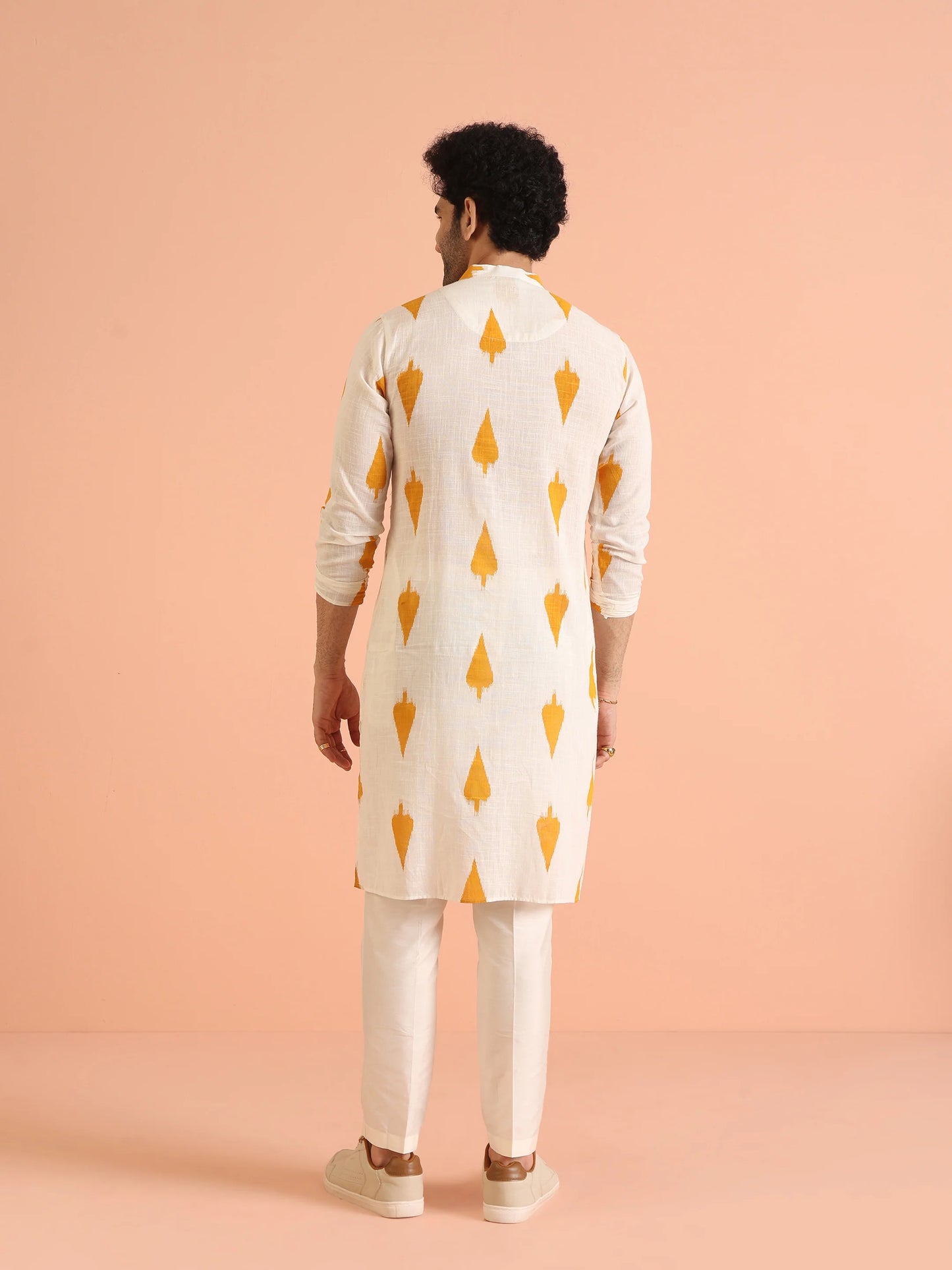 Men Yellow White Printed Haldi Kurta