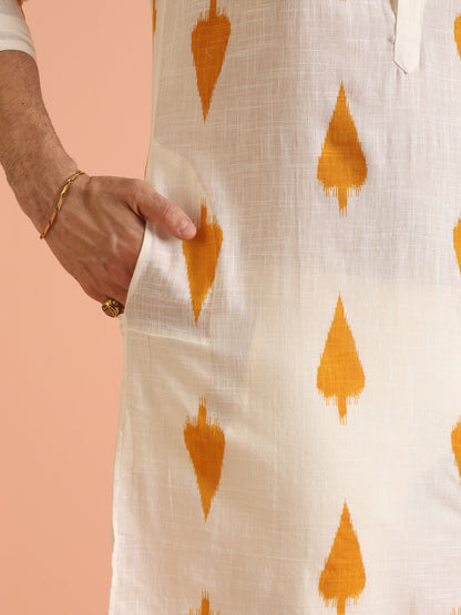 Men Yellow White Printed Haldi Kurta