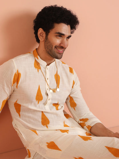 Men Yellow White Printed Haldi Kurta