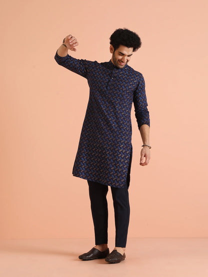 Men Navy Blue Printed Abstract Kurta