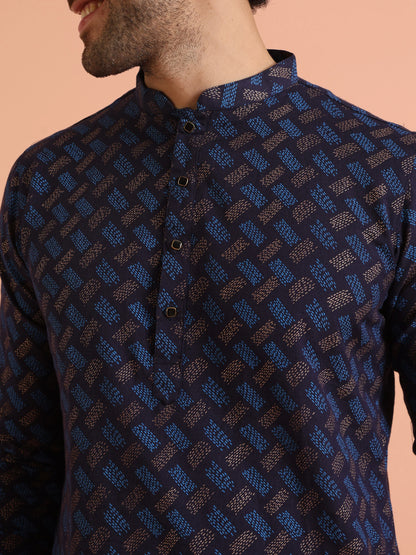 Men Navy Blue Printed Abstract Kurta