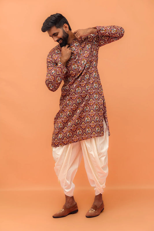 Men's Red Printed Wedding Kurta