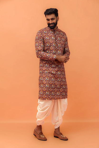 Men's Red Printed Wedding Kurta