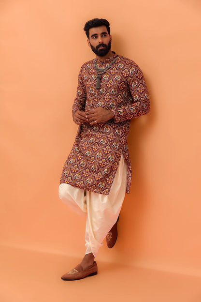 Men's Red Printed Wedding Kurta