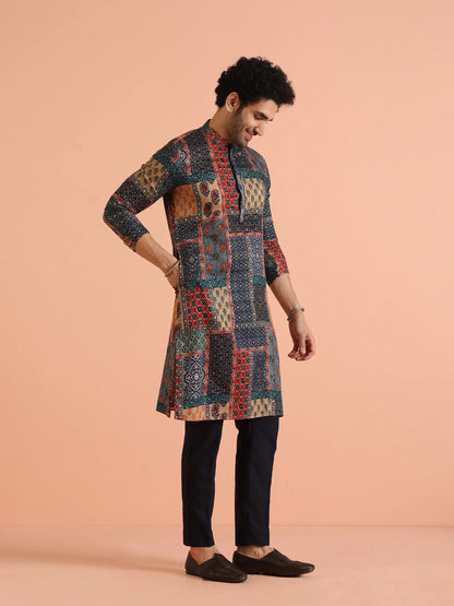 Men Navy Blue Printed Kurta