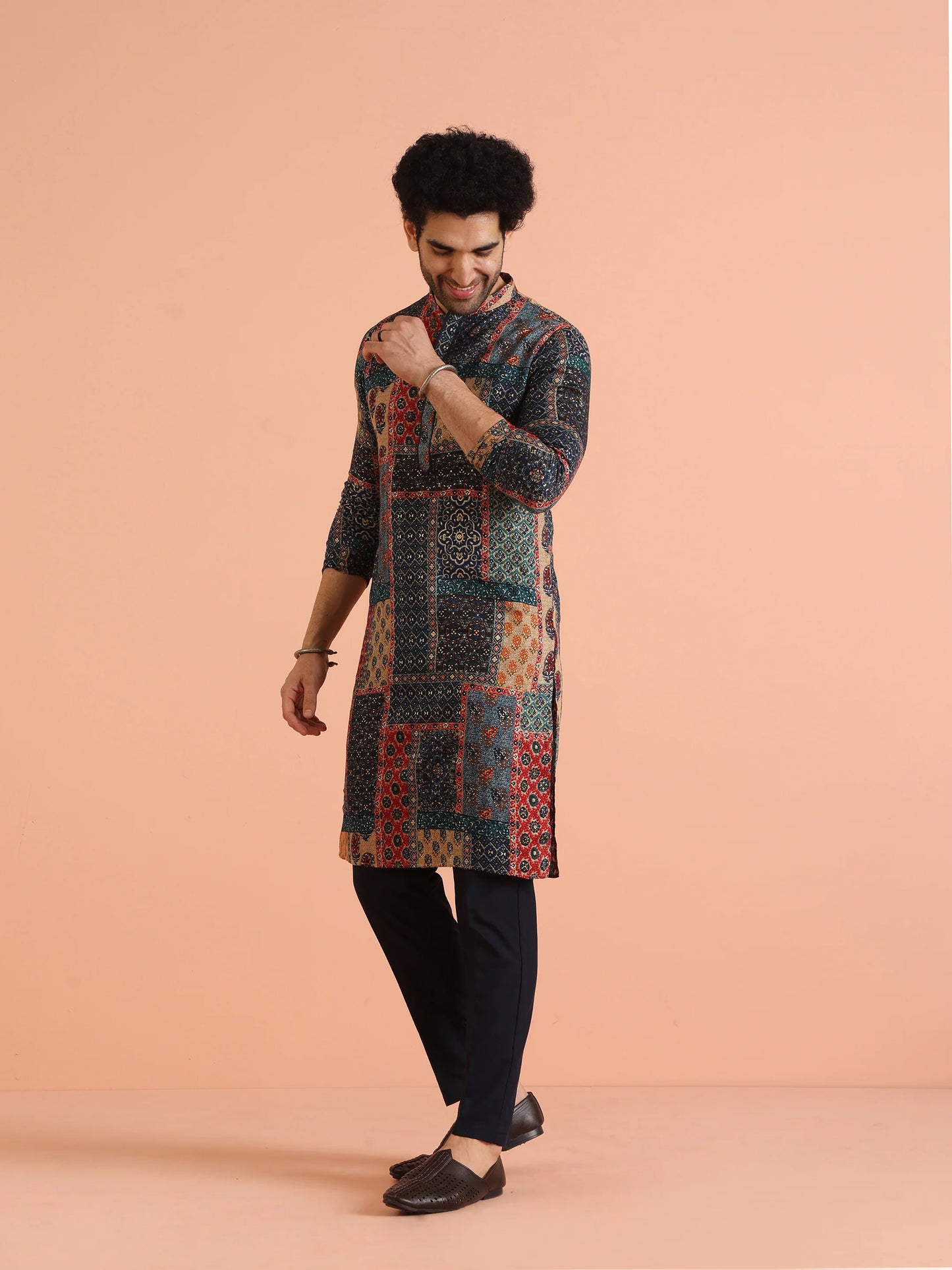 Men Navy Blue Printed Kurta