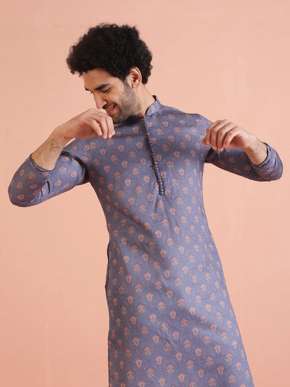 Men Grey Digital Print Men's Kurta