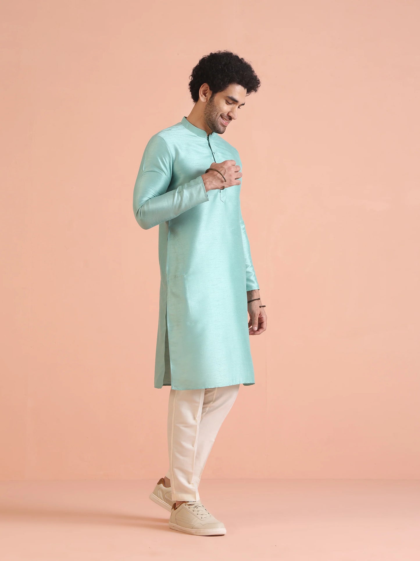 Men Green Plain Kurta