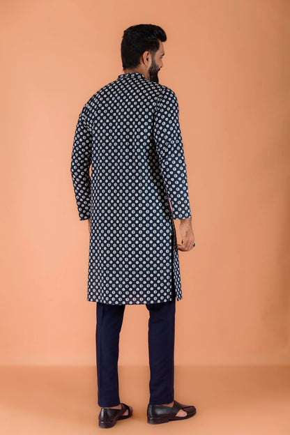 Navy Blue Printed Kurta For Men