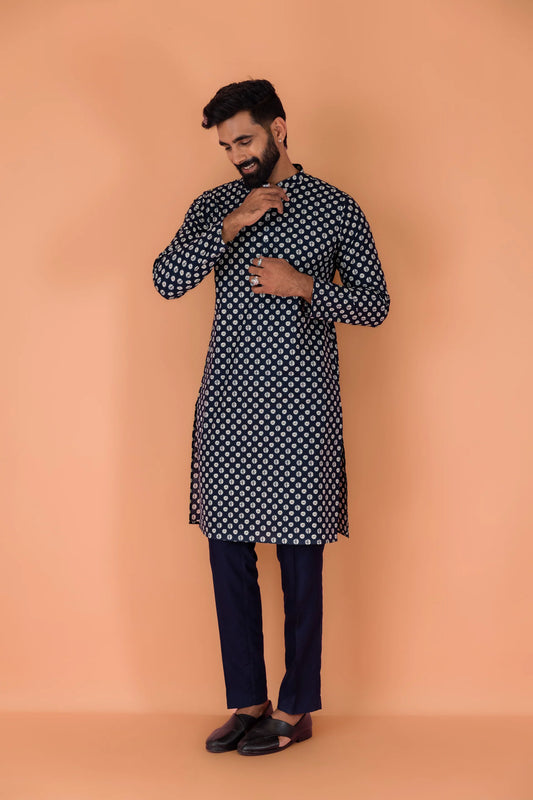 Navy Blue Printed Kurta For Men