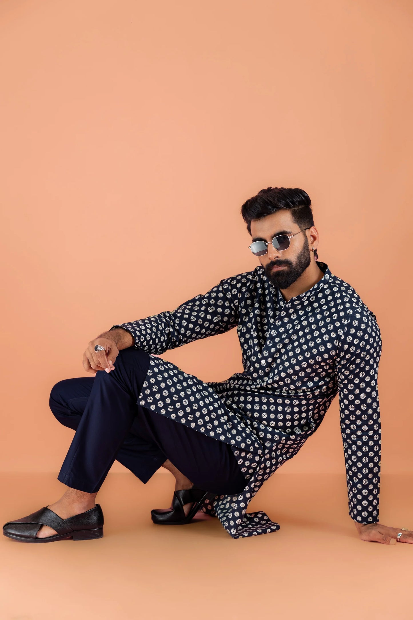 Navy Blue Printed Kurta For Men