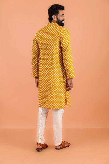 Men Mustard Printed Ethnic Haldi Kurta