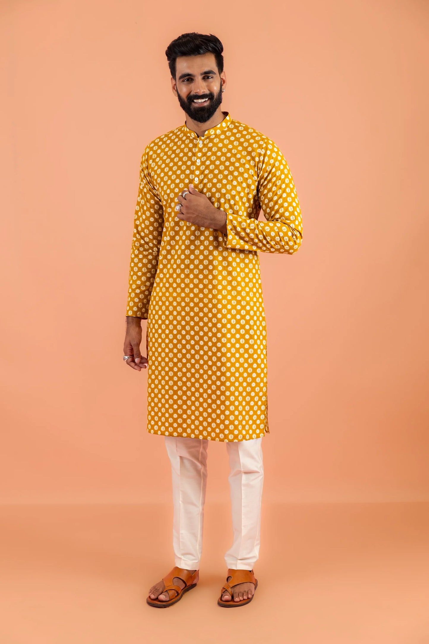 Men Mustard Printed Ethnic Haldi Kurta