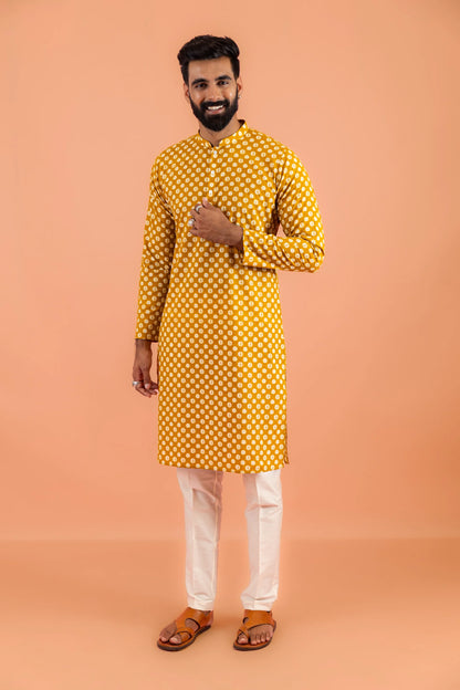 Men Mustard Printed Ethnic Haldi Kurta