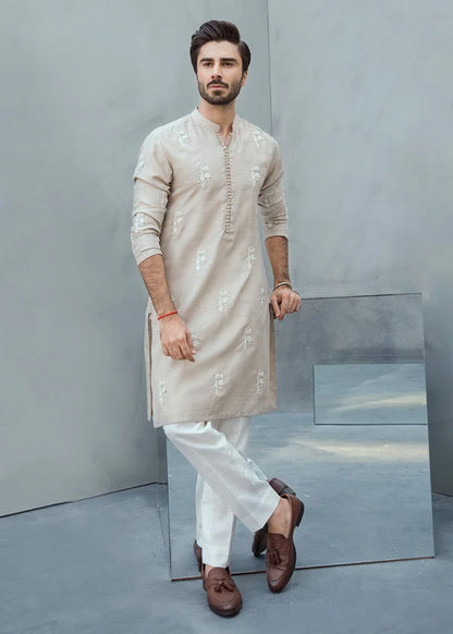 Soft Beige Floral Textured Wedding Kurta