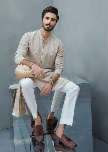 Soft Beige Floral Textured Wedding Kurta