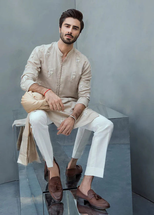 Soft Beige Floral Textured Wedding Kurta