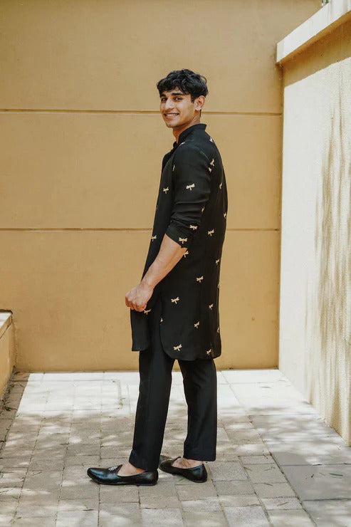 Black Dragonfly Embroidery pParty Wear Kurta