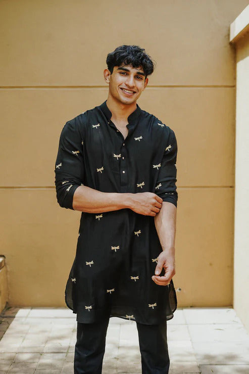 Black Dragonfly Embroidery pParty Wear Kurta