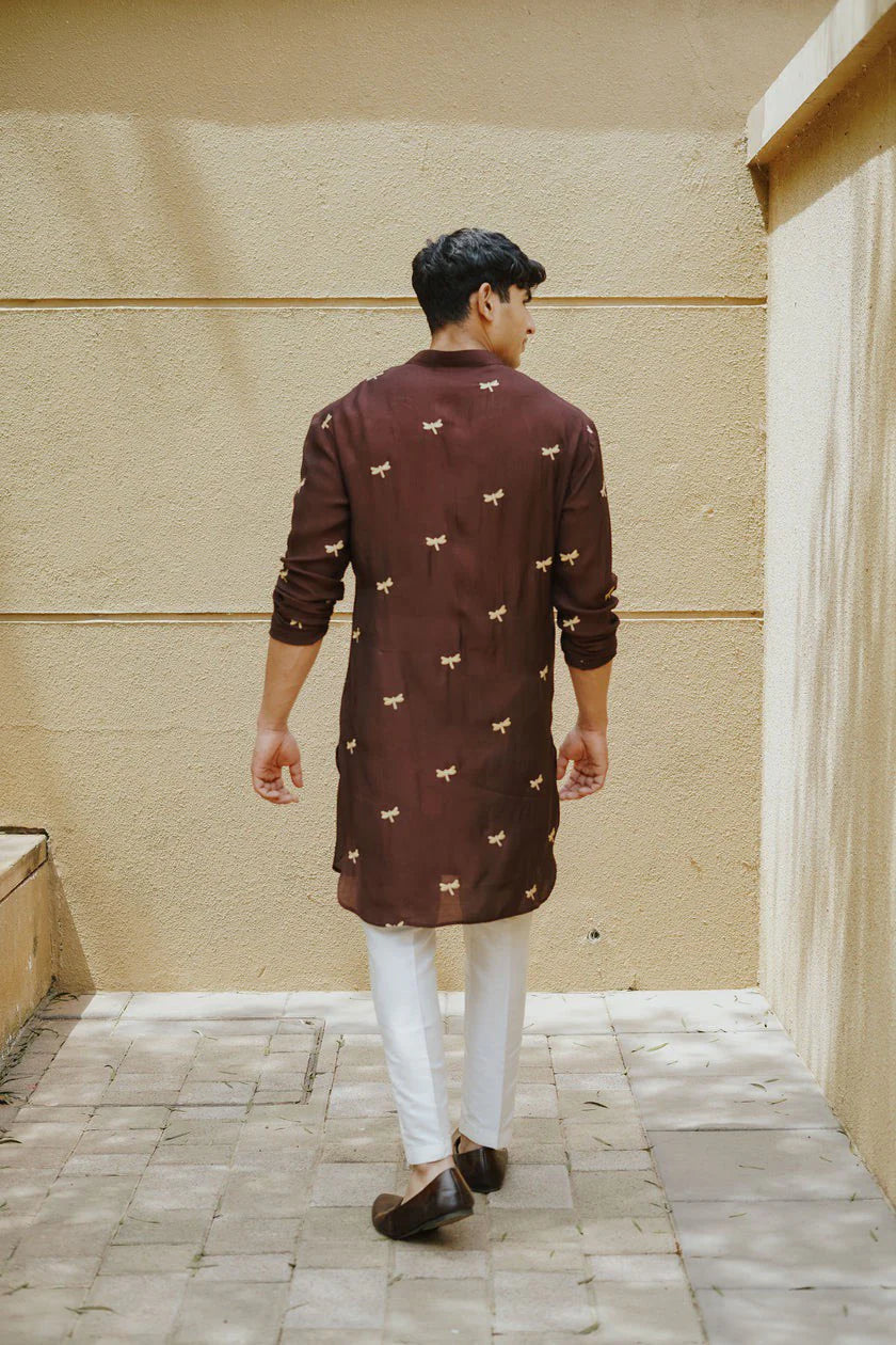 Brown Dragonfly Embroidery Work Wedding Kurta