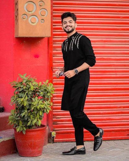 Black Daman Leaf Embroidery Black Party Wear Kurta