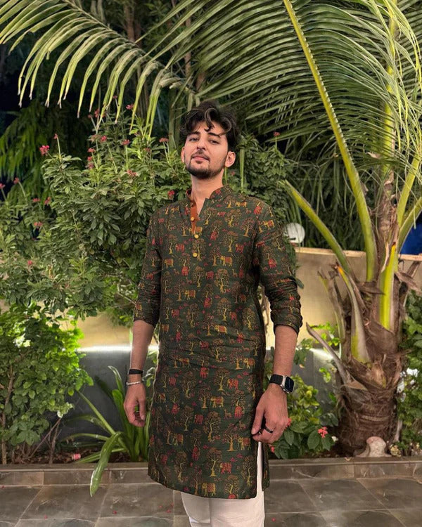 Green Silk Printed Festive Kurta