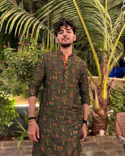 Olive Green Silk Printed Festive Kurta